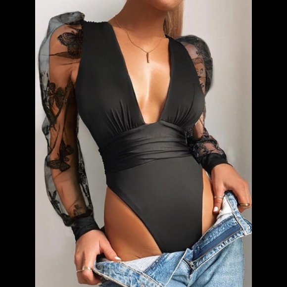 Sexy Deep V Neck Mesh Ruffle Sleeves W/Cross W/A Belt Like Tummy Tuck Bodysuit - Picture 1 of 8